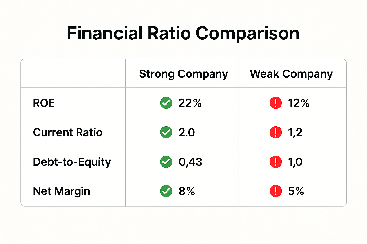 Comparison table visualization (1536x1024 landscape): Side-by-side comparison of "Strong Company" vs "Weak Company" showing key financial ra
