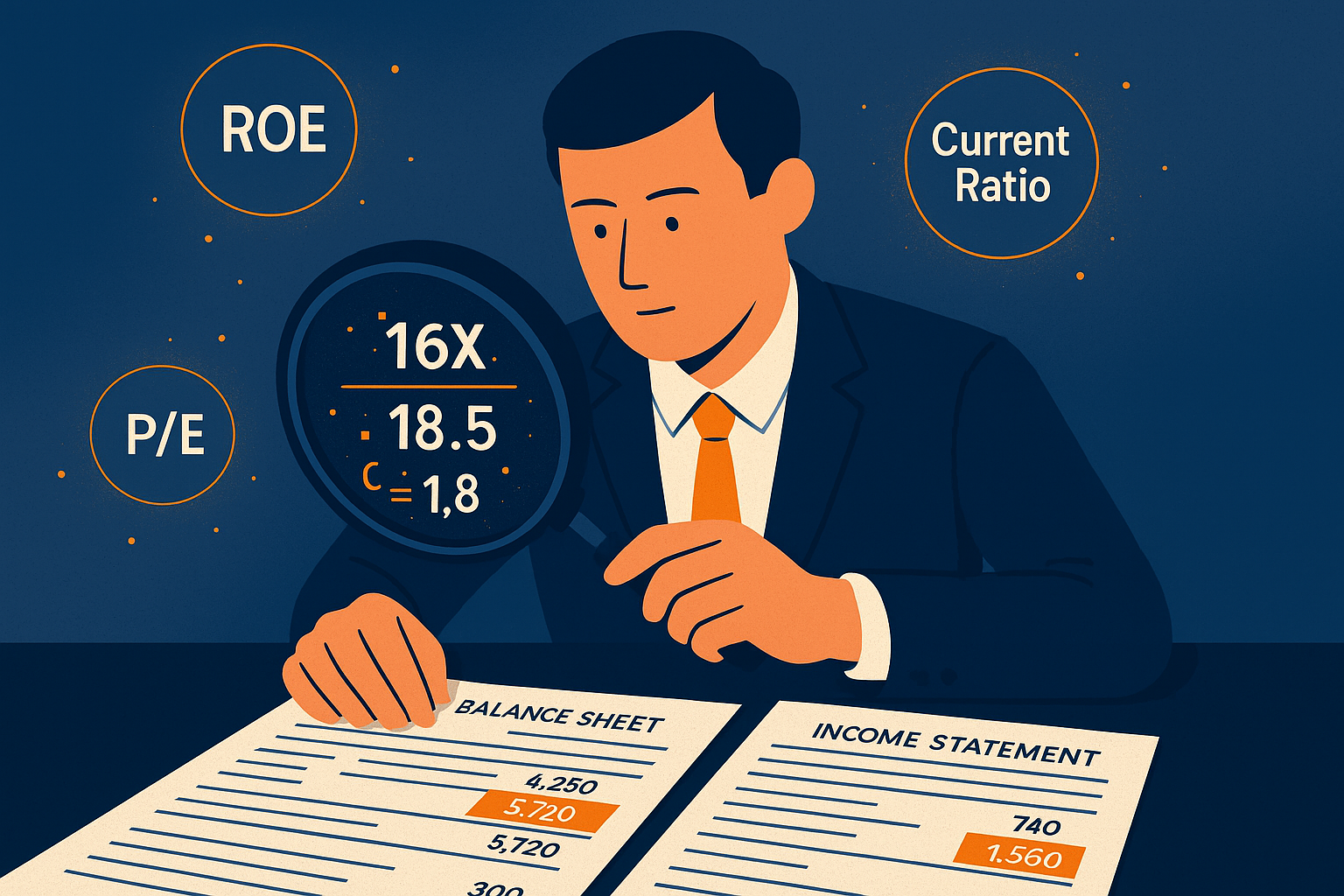 Conceptual illustration (1024x1024 square): Professional business person analyzing financial documents with magnifying glass revealing hidde