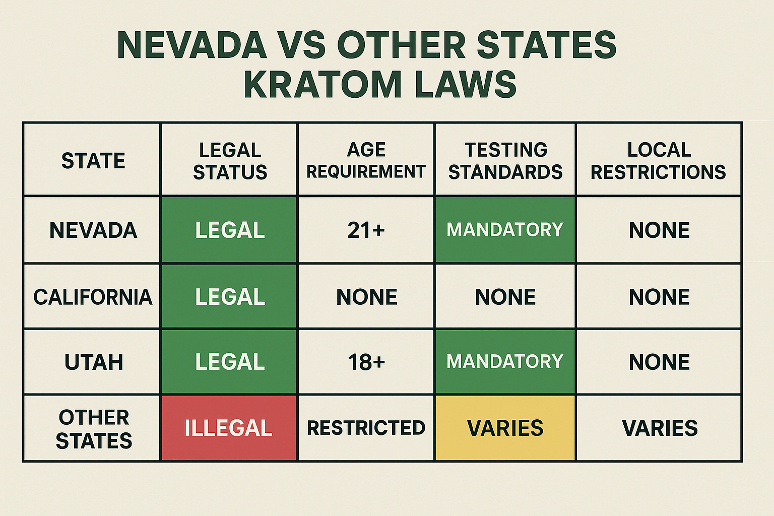 Design a landscape comparison chart (1536x1024) showing Nevada vs other states' kratom laws. Create a visual table comparing legal status, a