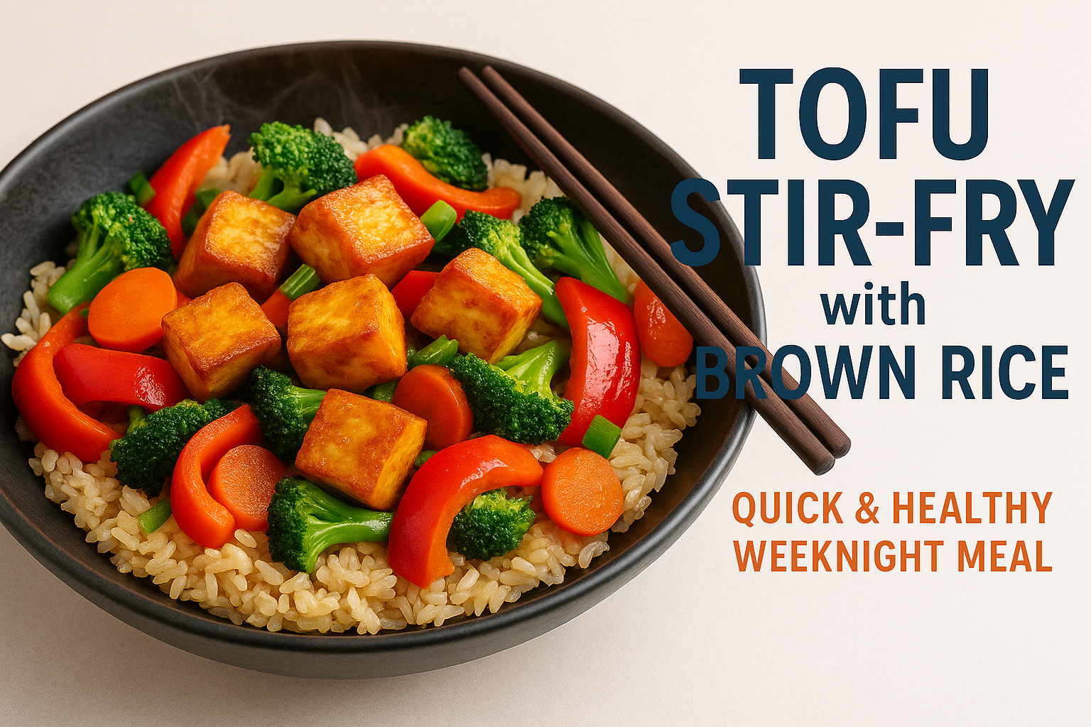 Create a 1536x1024 landscape cover image featuring a vibrant, appetizing tofu stir-fry in a dark wok or bowl with colorful vegetables (brigh