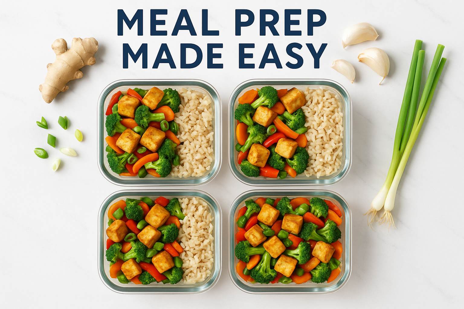 Create a 1024x1024 square image showing a beautiful meal prep layout with four glass containers arranged in a grid, each containing portions