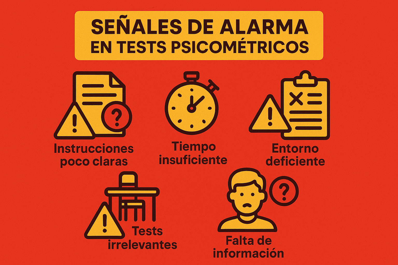 1024x1024 square image showing warning signs/red flags in psychometric testing. Display icons and text for: unclear instructions, inadequate