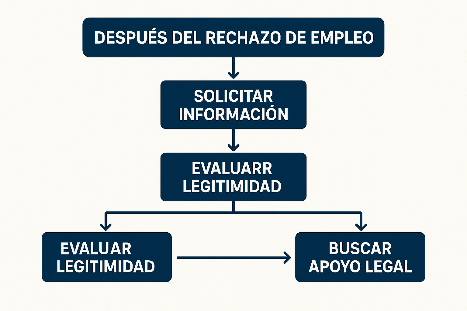 1536x1024 landscape flowchart showing the step-by-step process after job rejection. Include boxes for: "Solicitar Información," "Documentar
