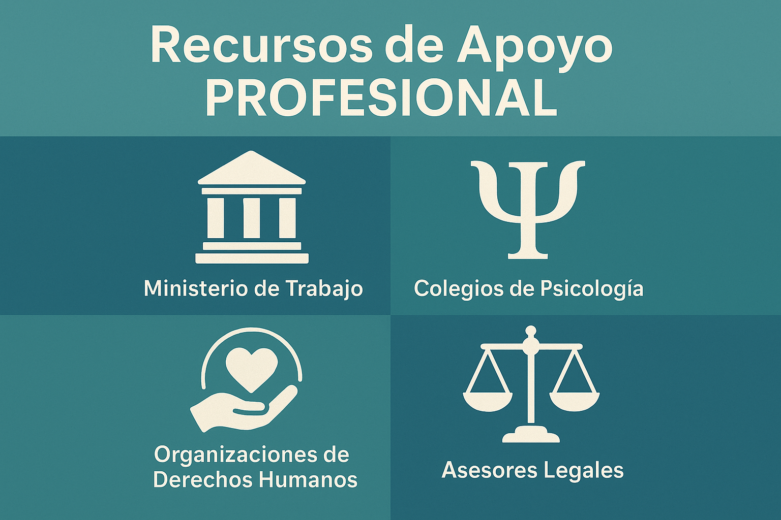 1024x1024 square image depicting legal and professional resources. Show icons representing: Ministry of Labor, Professional Psychology Assoc