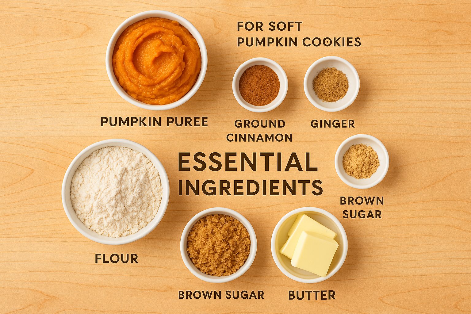 A square infographic (1024x1024) showing the key ingredients for soft pumpkin cookies arranged in a flat-lay style. Include small bowls cont