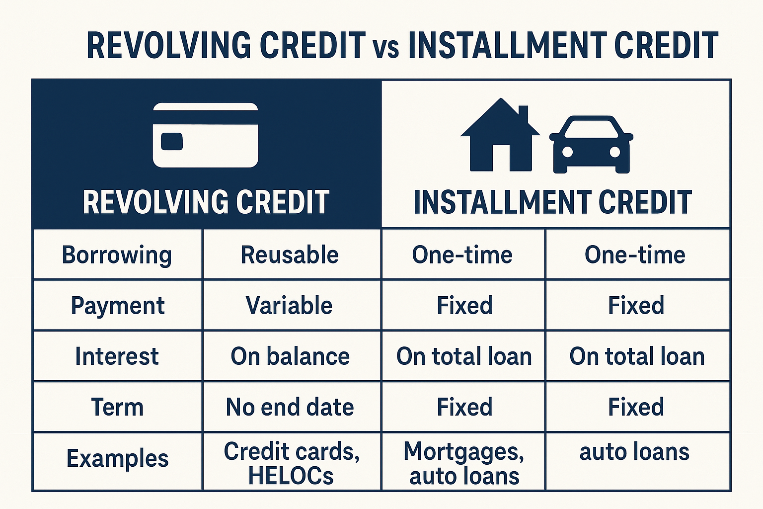 Comparison table infographic in 1536x1024 landscape format titled "Revolving Credit vs. Installment Credit" with two columns comparing featu