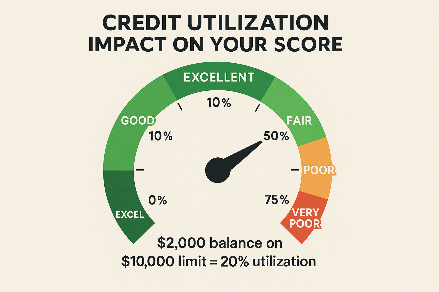 Credit utilization infographic in 1024x1024 square format showing a circular gauge/speedometer design. Title "Credit Utilization Impact on Y