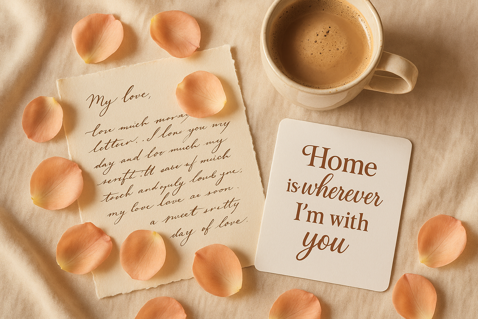 Square 1024x1024 image showing a romantic flat-lay composition with a love letter, rose petals, a coffee cup, and a small card displaying th