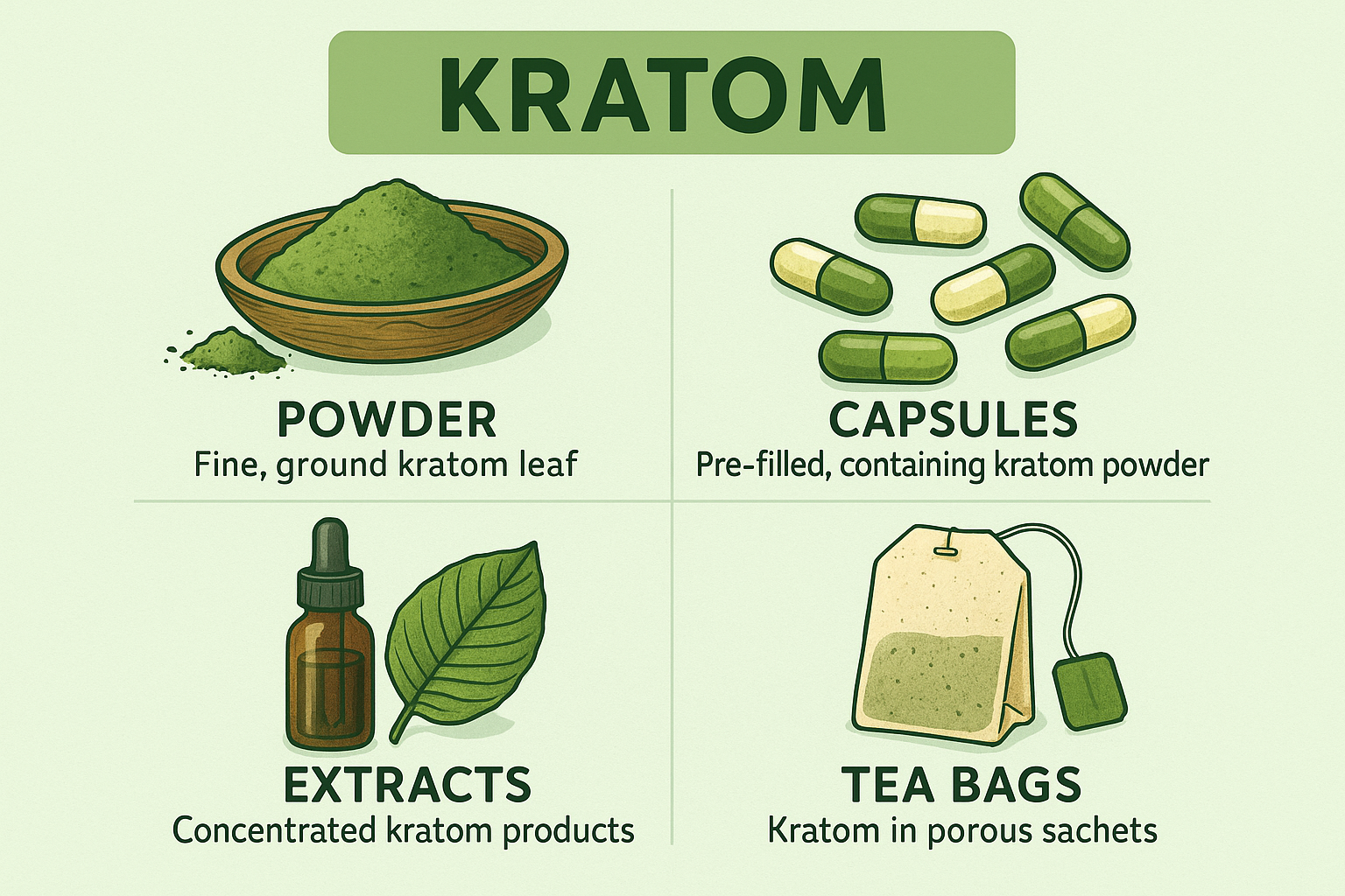 Illustrated guide showing different kratom forms - powder, capsules, extracts, and tea bags with labels and brief descriptions. Clean, educa