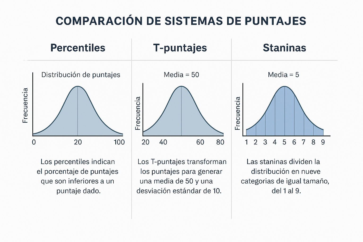 Design a visual comparison chart in 1024x1024 square format showing different scoring systems: percentiles, T-scores, and stanines. Include 