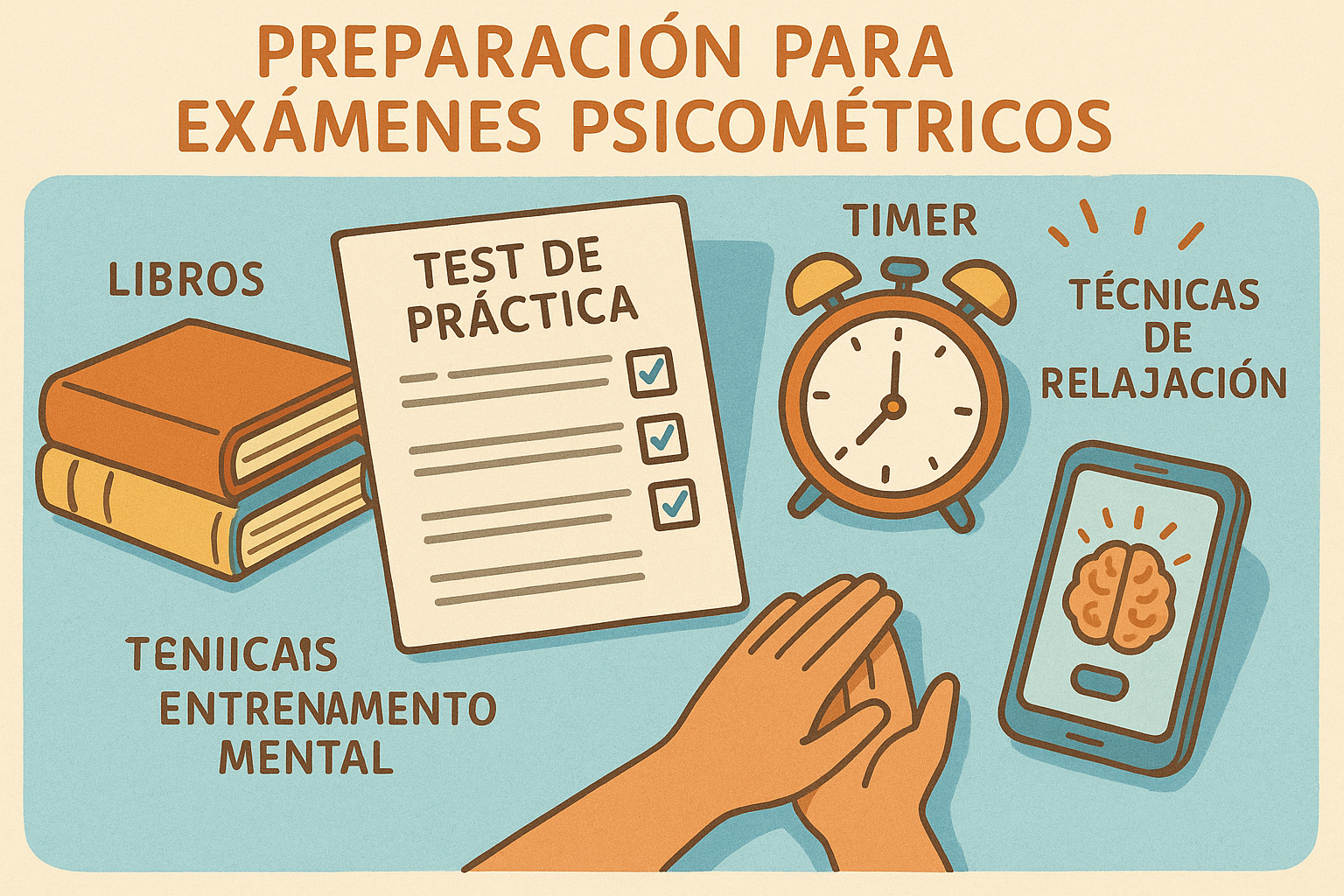 Create an illustration in 1024x1024 square format depicting preparation strategies for psychometric exams. Show elements like books, practic