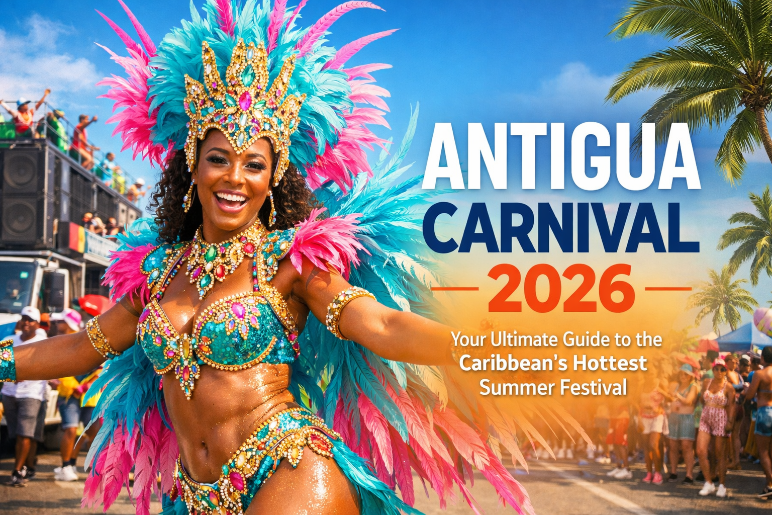 Cover image in 1536x1024 landscape format showing a vibrant Antigua Carnival parade scene with a costumed reveler in an elaborate feathered 