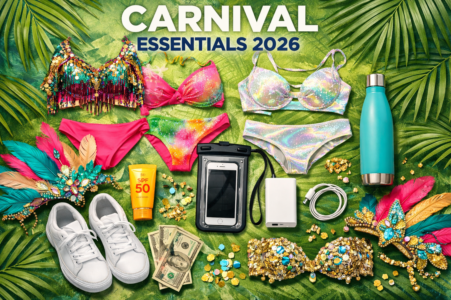 Square image in 1024x1024 format showing essential carnival packing items laid out on a tropical-themed background. Include: colorful fete o