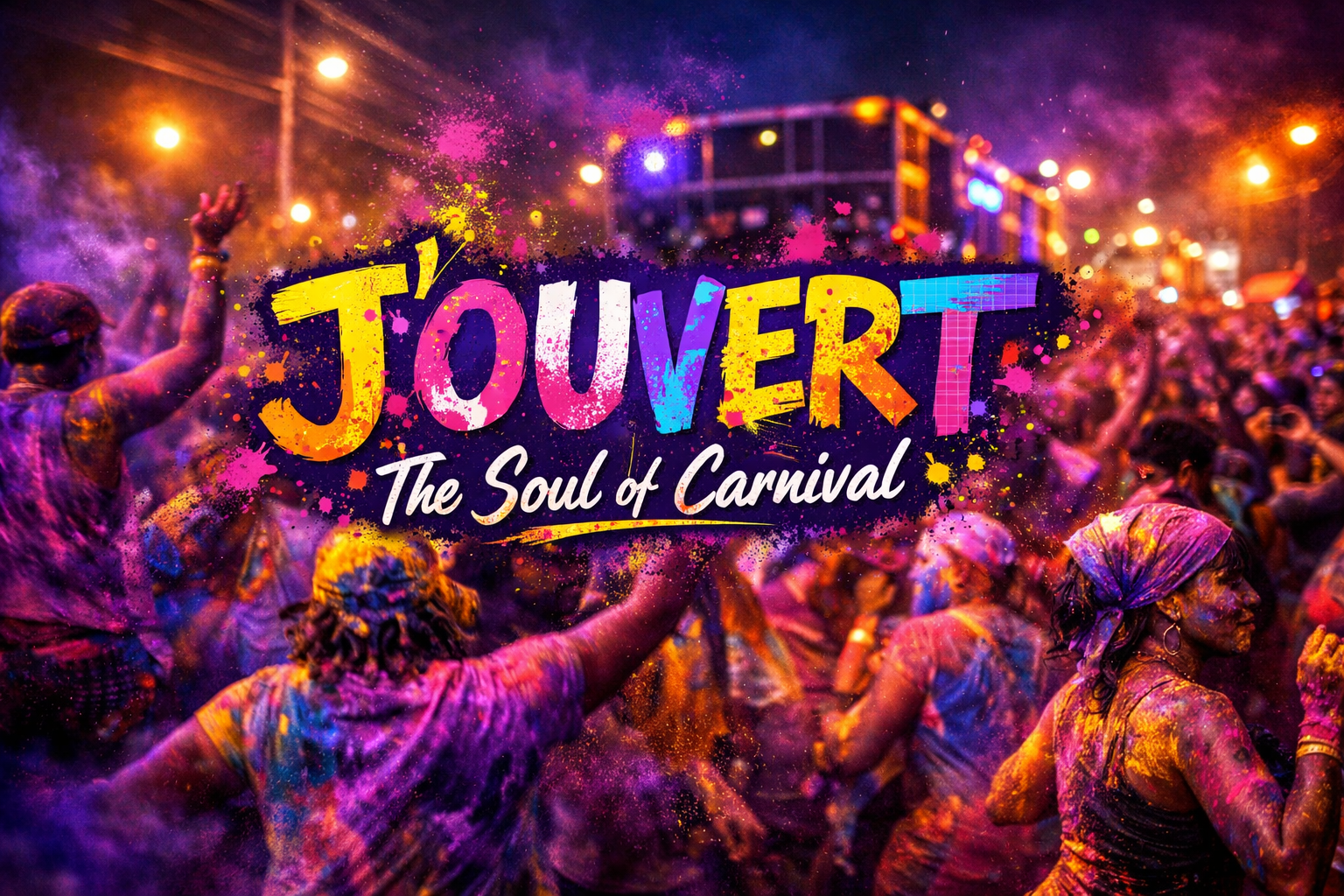 Landscape image in 1536x1024 format depicting J'ouvert morning scene with revelers covered in colorful paint and powder (purple, pink, yello
