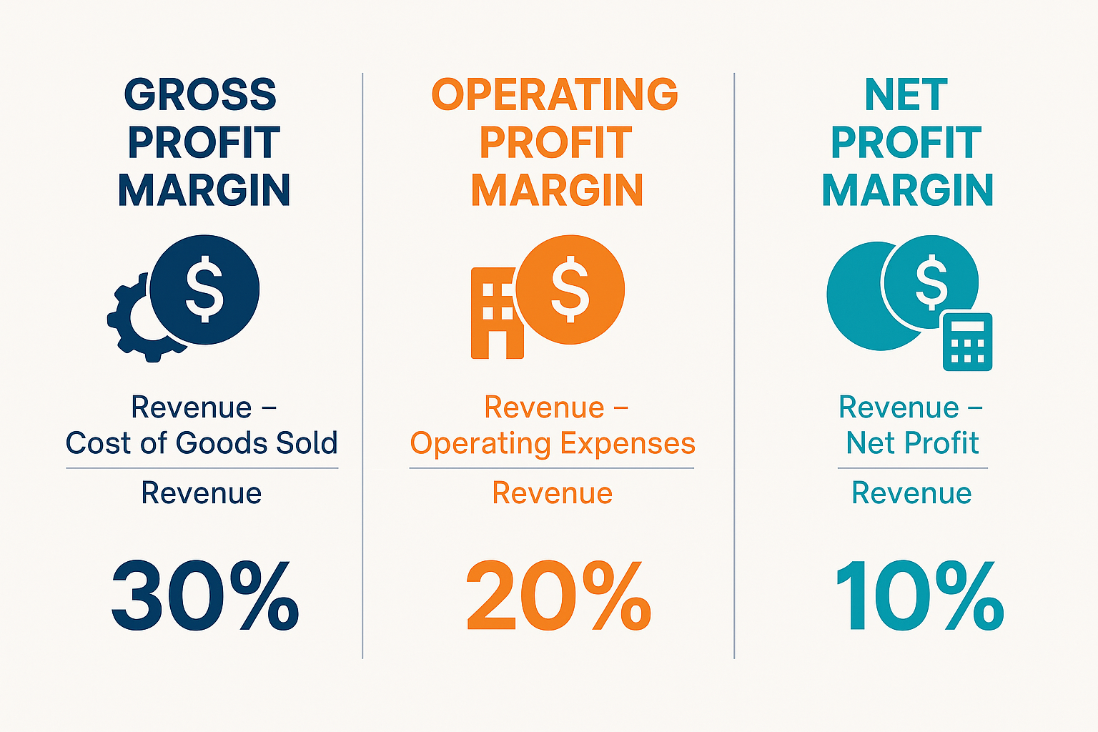 A clean, modern infographic in landscape format (1536x1024) showing three columns comparing the three types of profit margins: Gross Profit 