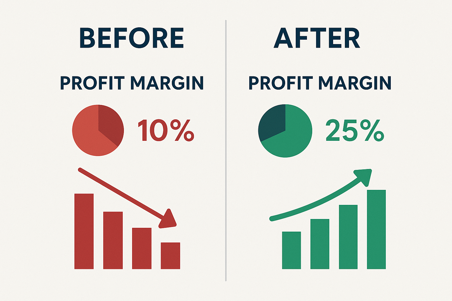 A square format visual (1024x1024) showing a before-and-after comparison of a business's profit margins. Left side shows low margins with re