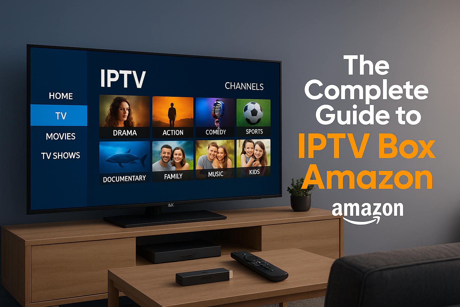 Cover image in 1536x1024 landscape format showing a modern living room setup with an Amazon Fire TV Stick connected to a large 4K television