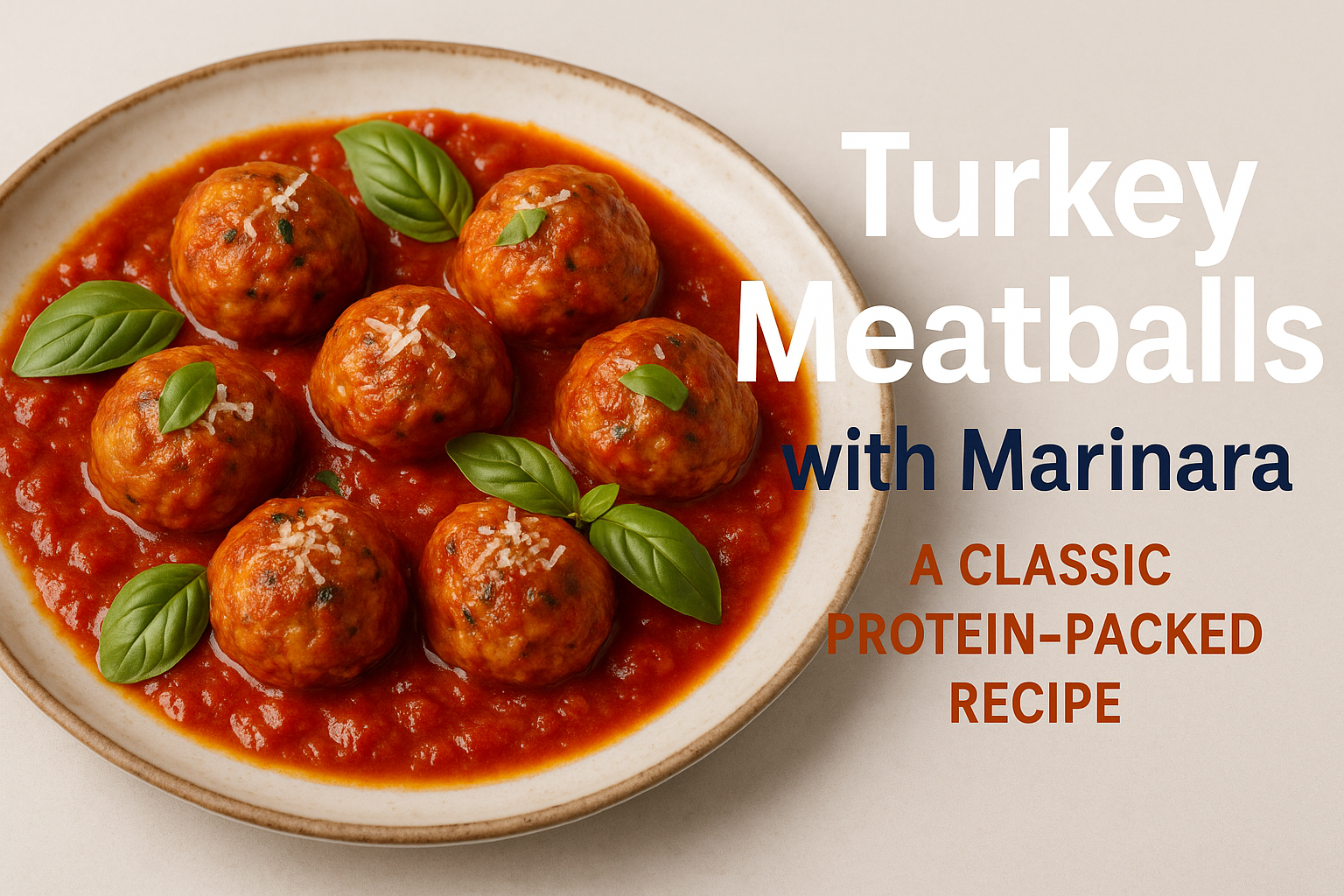 Create a 1536x1024 landscape cover image featuring beautifully plated turkey meatballs in rich red marinara sauce, garnished with fresh basi