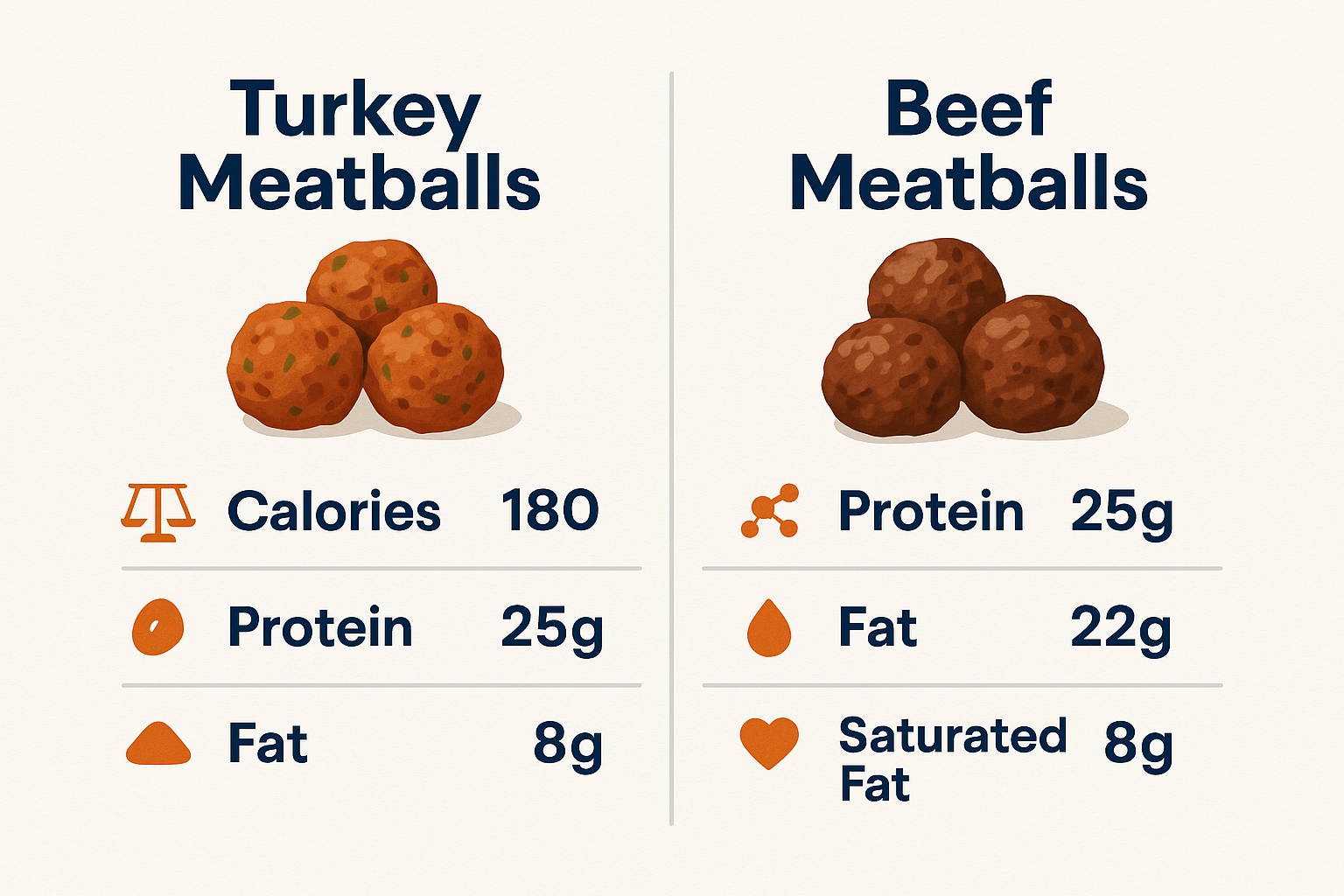 Create a 1536x1024 landscape infographic showing the nutritional comparison between turkey meatballs and beef meatballs. Display two columns