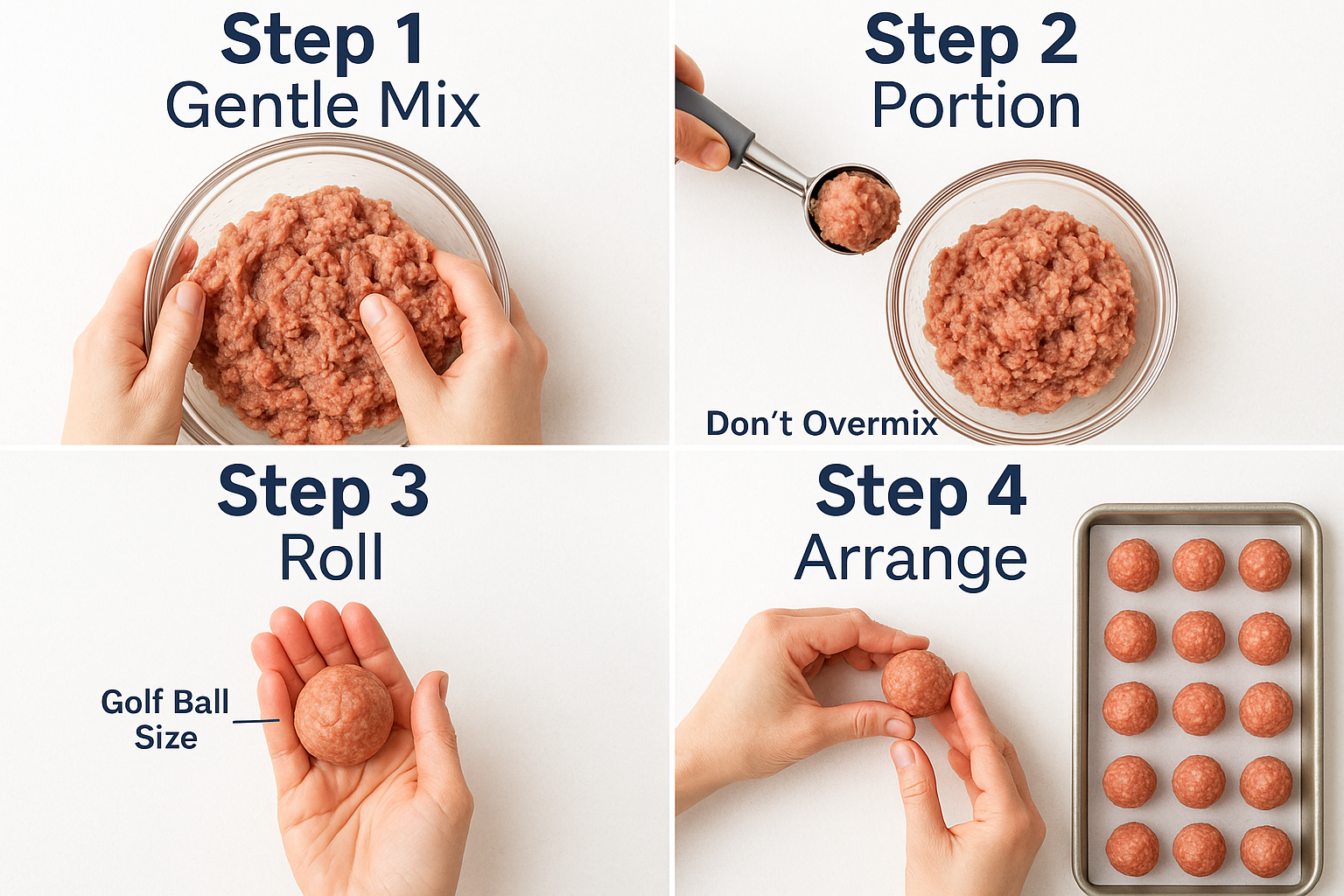 Create a 1024x1024 square image showing a step-by-step visual guide for forming perfect meatballs. Display four quadrants showing: 1) hands 
