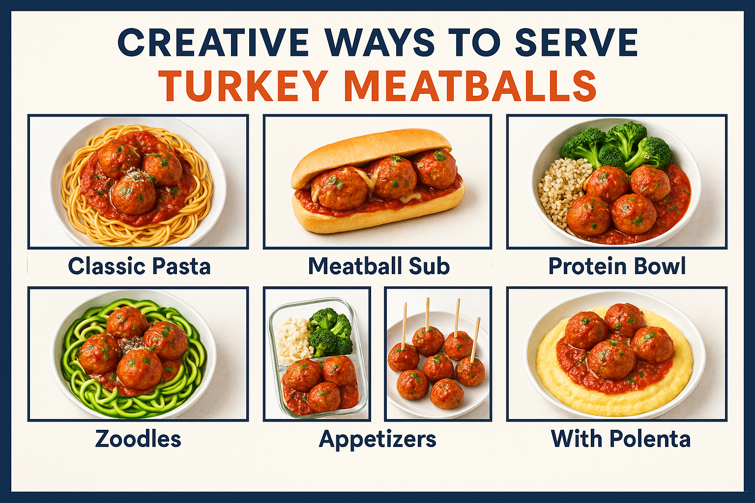 Create a 1536x1024 landscape image showing seven creative serving suggestions for turkey meatballs in a beautiful grid layout. Include label