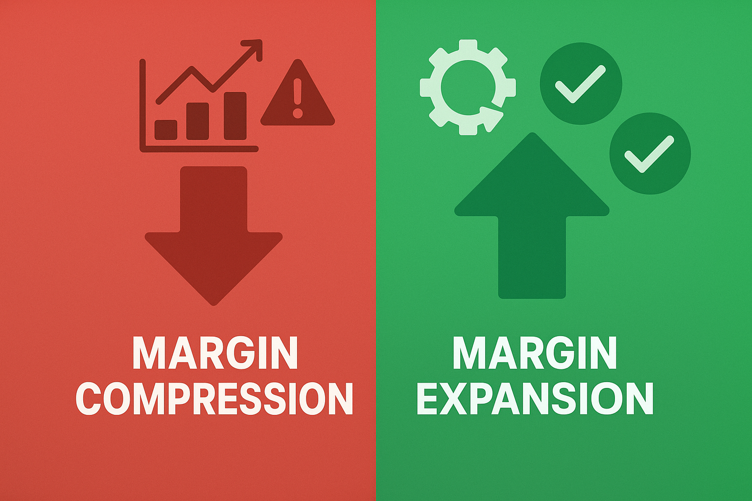 Create a square image (1024x1024) showing a conceptual illustration of "margin compression" versus "margin expansion". Split the image verti