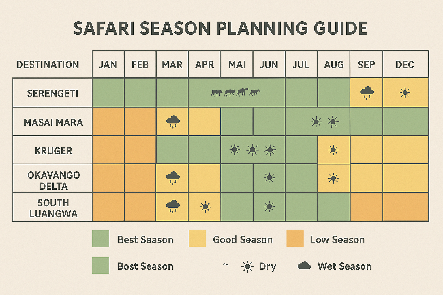 A landscape infographic (1536x1024) comparing the best safari seasons across different African destinations. Create a visual calendar-style 