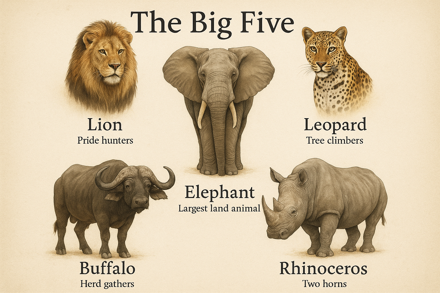 A square image (1024x1024) showing a beautifully designed comparison chart of the Big Five animals. Display high-quality illustrations or ph