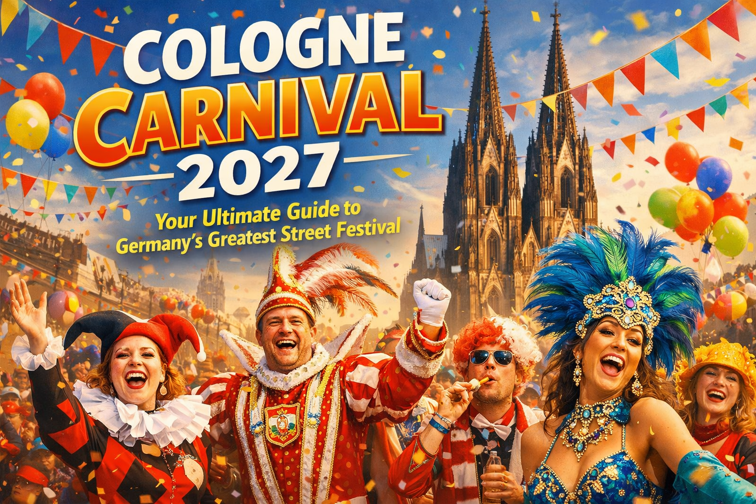 Cover image - Create a vibrant 1536x1024 landscape cover image showing the iconic Cologne Cathedral spires in the background with colorful c