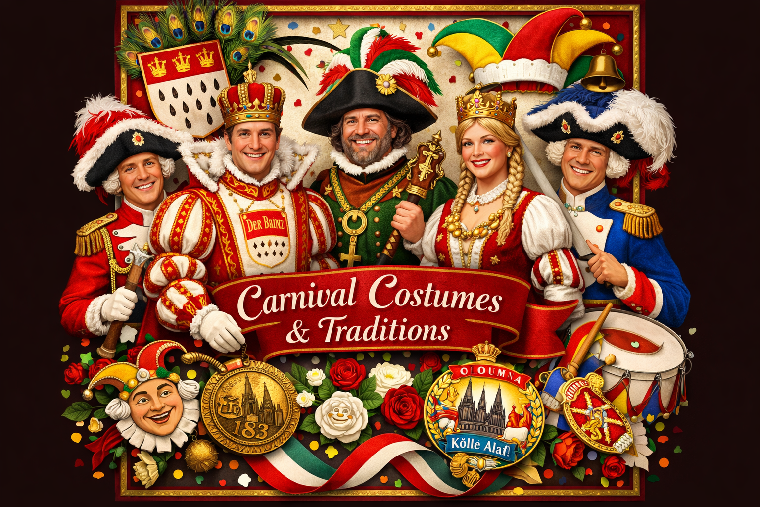 Create a 1024x1024 square image showing traditional Cologne carnival costumes and elements. Display the three main carnival figures (Prince,