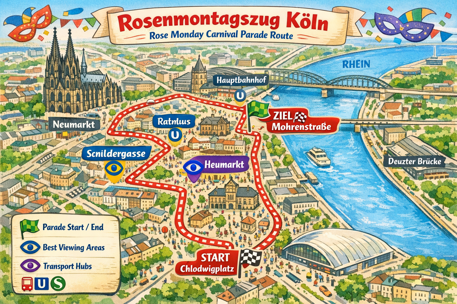 Create a 1536x1024 landscape image showing a detailed map of Cologne's carnival parade route for Rose Monday. Highlight key viewing location
