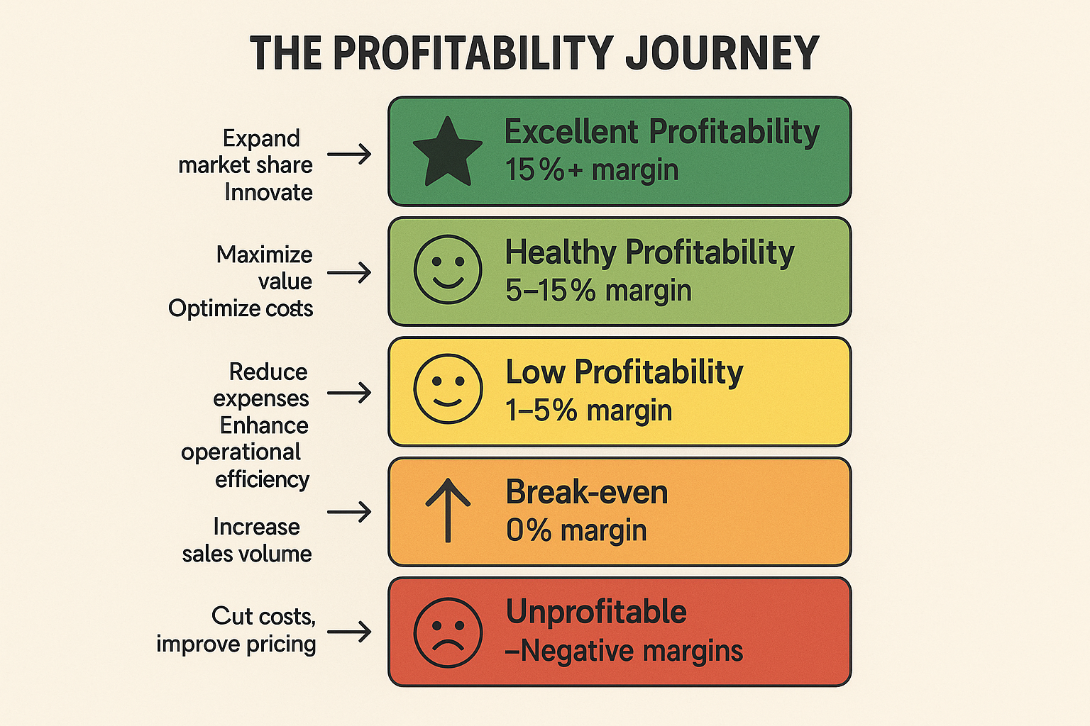 Create a 1024x1024 square infographic showing a profitability improvement roadmap. Design it as a vertical flowchart with 5 steps, each in a