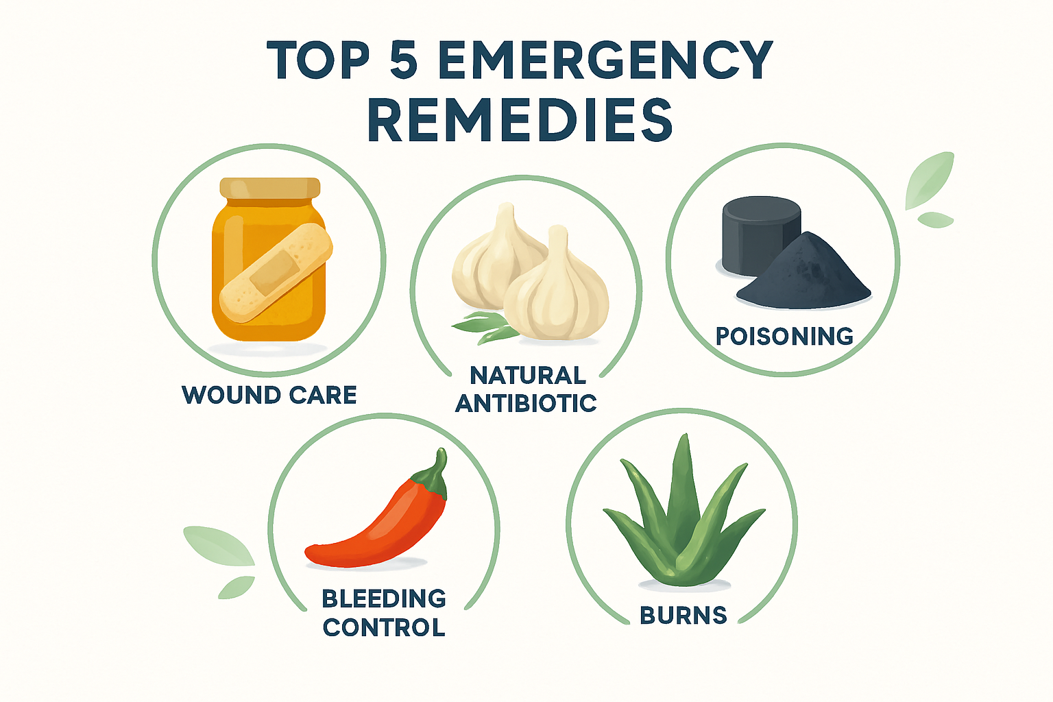 Square 1024x1024 infographic showing "Top 5 Emergency Remedies" with five circular icons arranged in a pentagon pattern: 1) honey jar with b