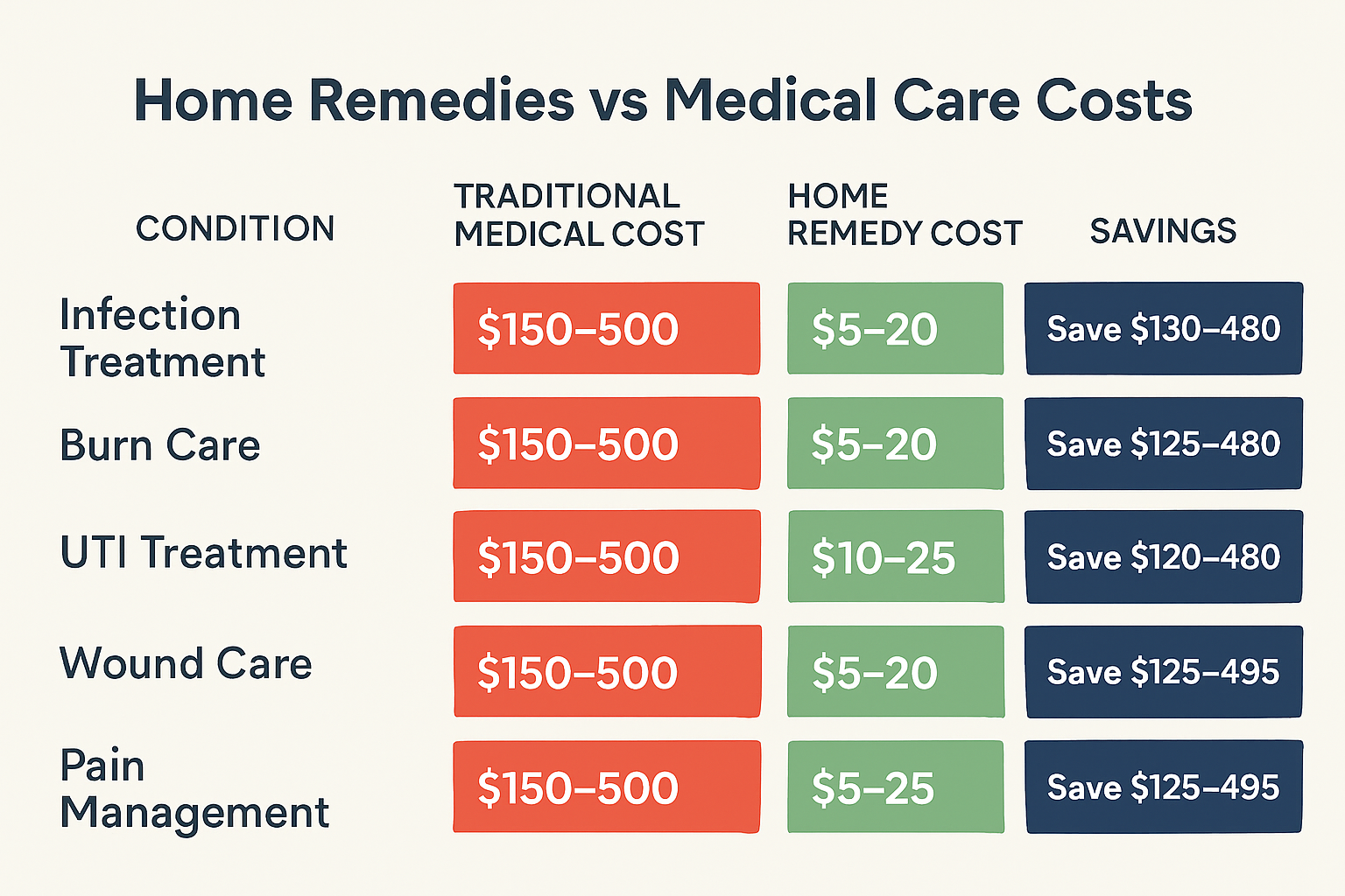 Landscape 1536x1024 comparison table infographic titled "Home Remedies vs Medical Care Costs" showing five rows comparing conditions (infect