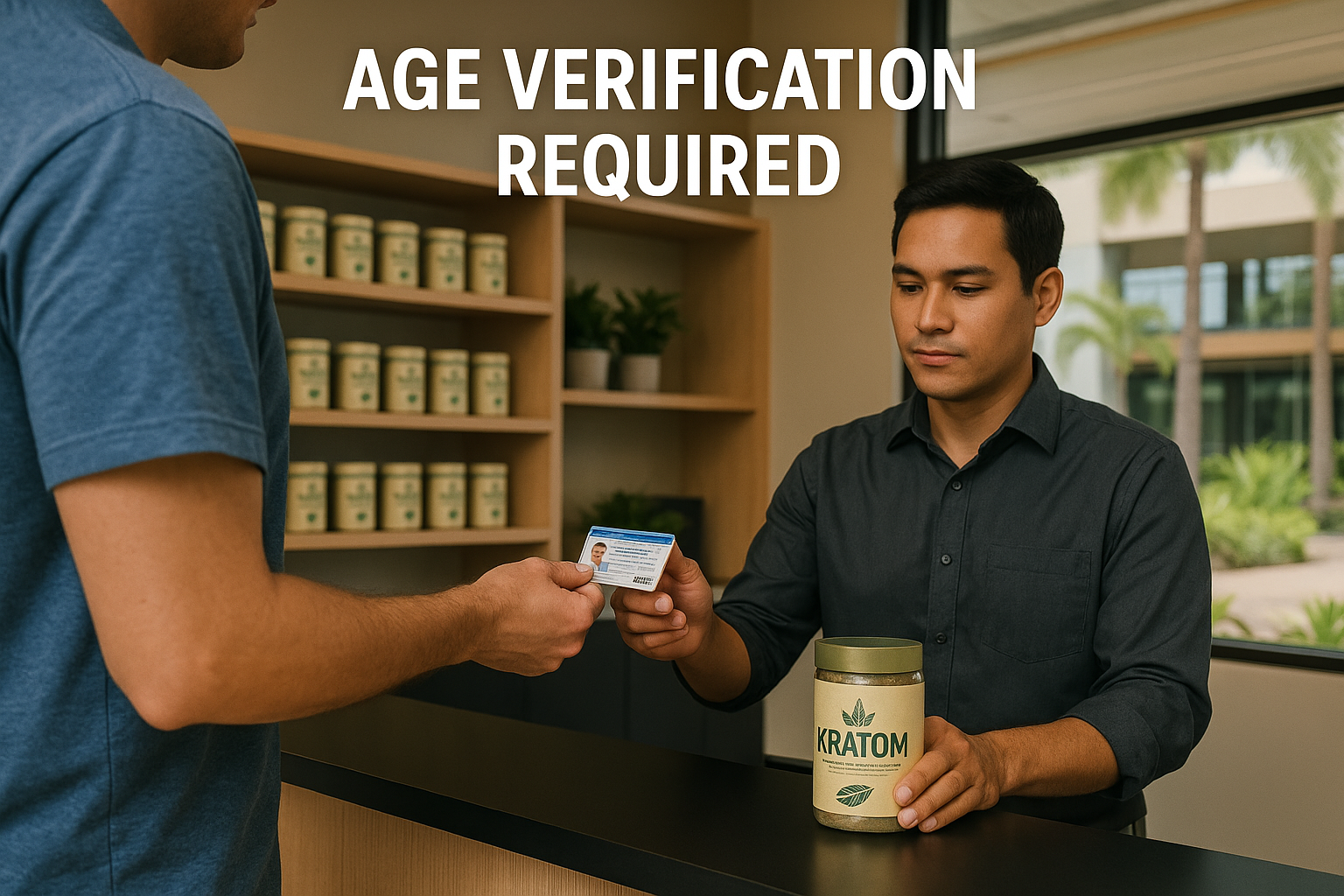 Square 1024x1024 image depicting a person checking ID at a kratom retail counter in Hawaii, emphasizing age verification process - professio