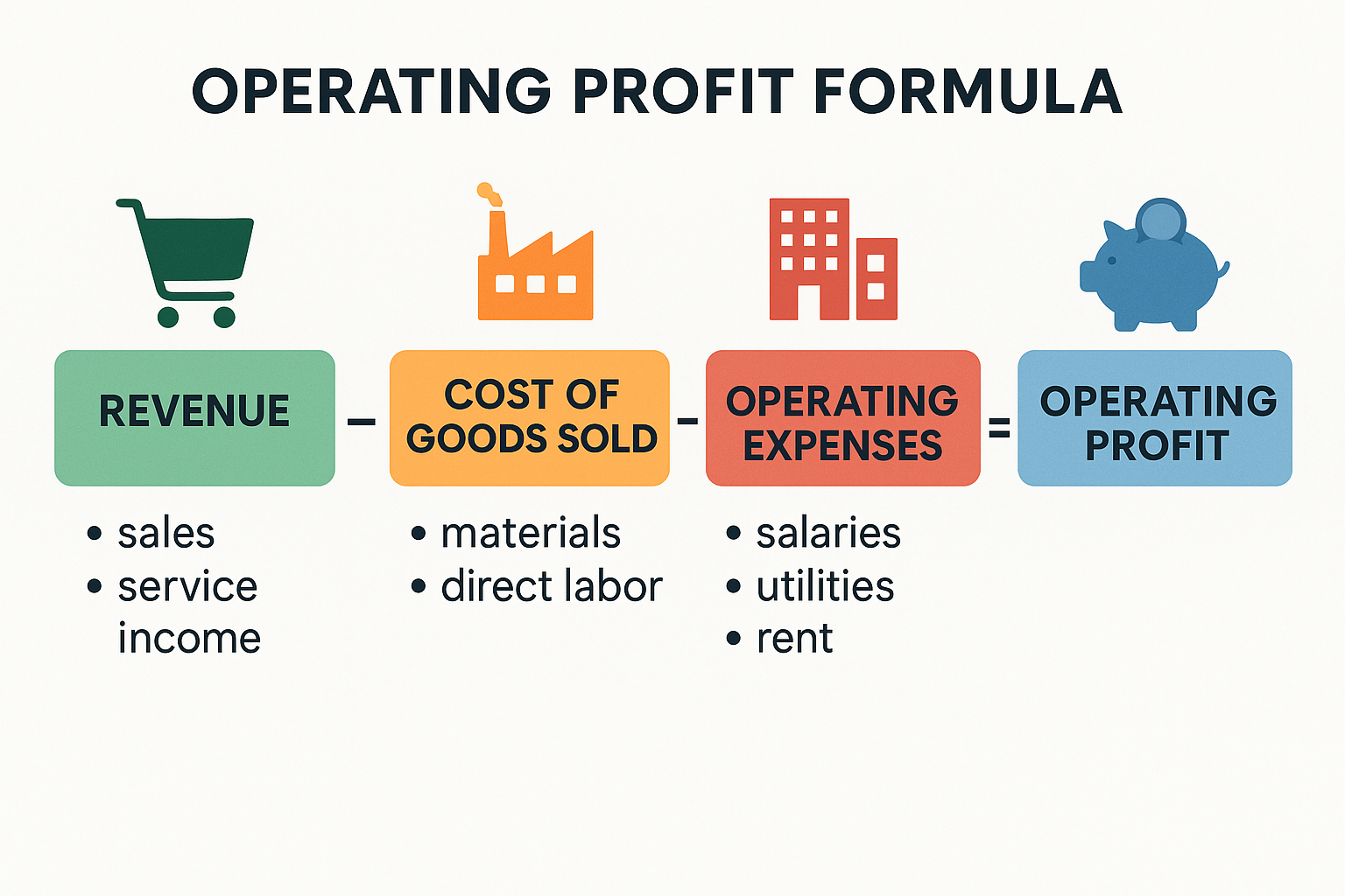 Create a clean infographic (1536x1024 landscape) showing the Operating Profit Formula visually. Display three main boxes connected by minus