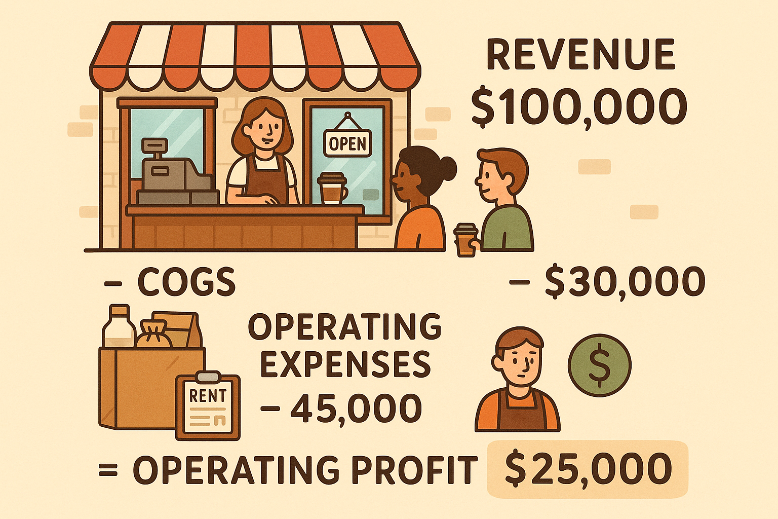Create an illustrated example (1024x1024 square) showing a simple business scenario (like a coffee shop or lemonade stand) with visual repre