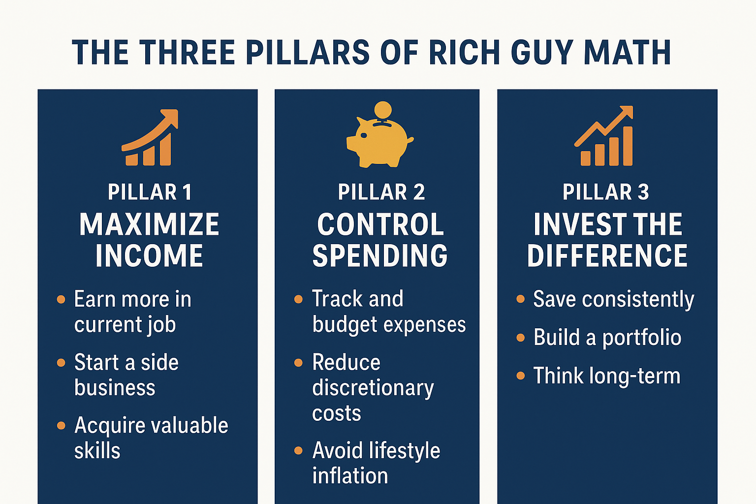 Infographic in 1536x1024 landscape format showing "The Three Pillars of Rich Guy Math." Three distinct columns with icons: Pillar 1 (upward 