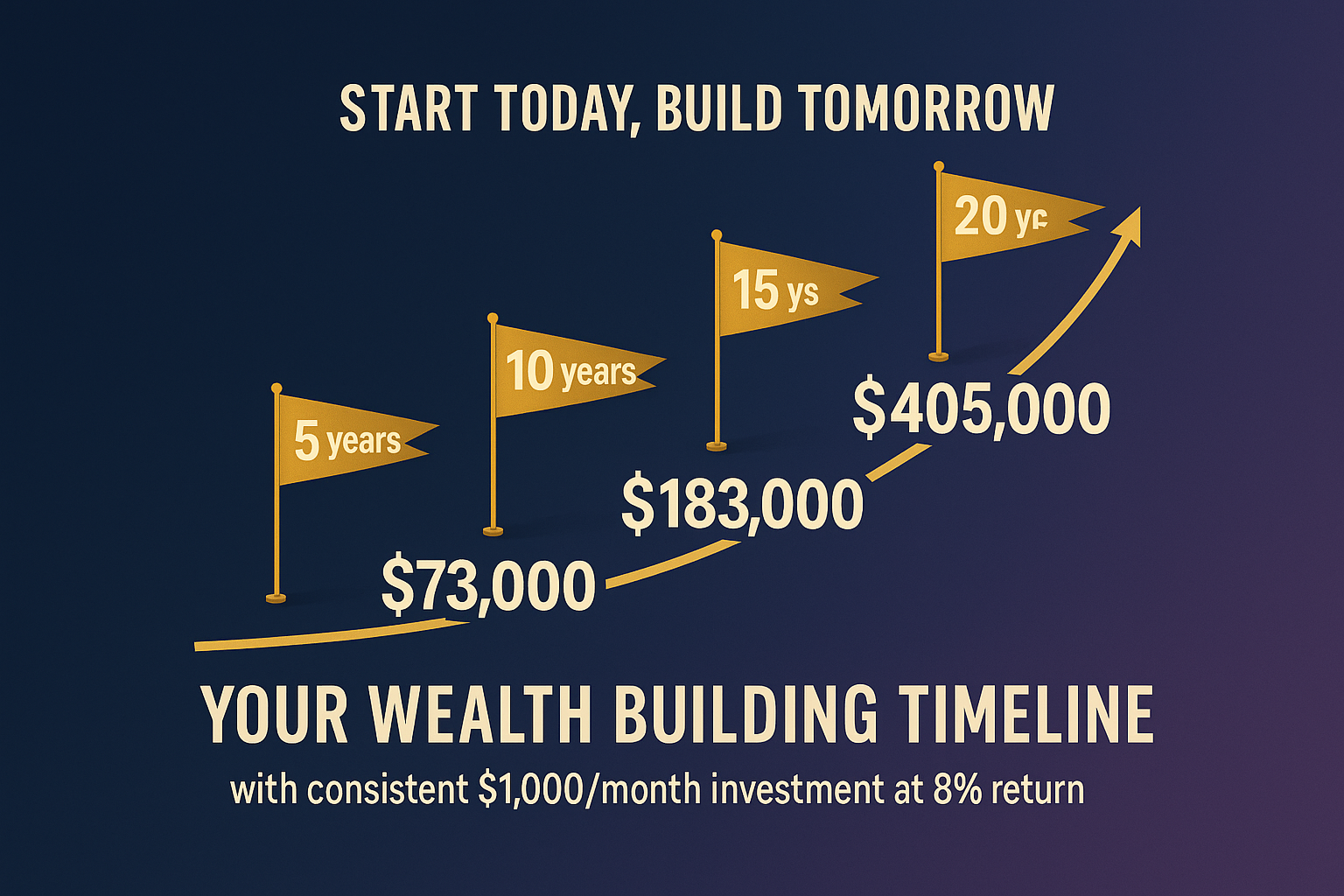 Motivational visual in 1024x1024 square format showing "Your Wealth Building Timeline" with four milestone markers: 5 years, 10 years, 15 ye