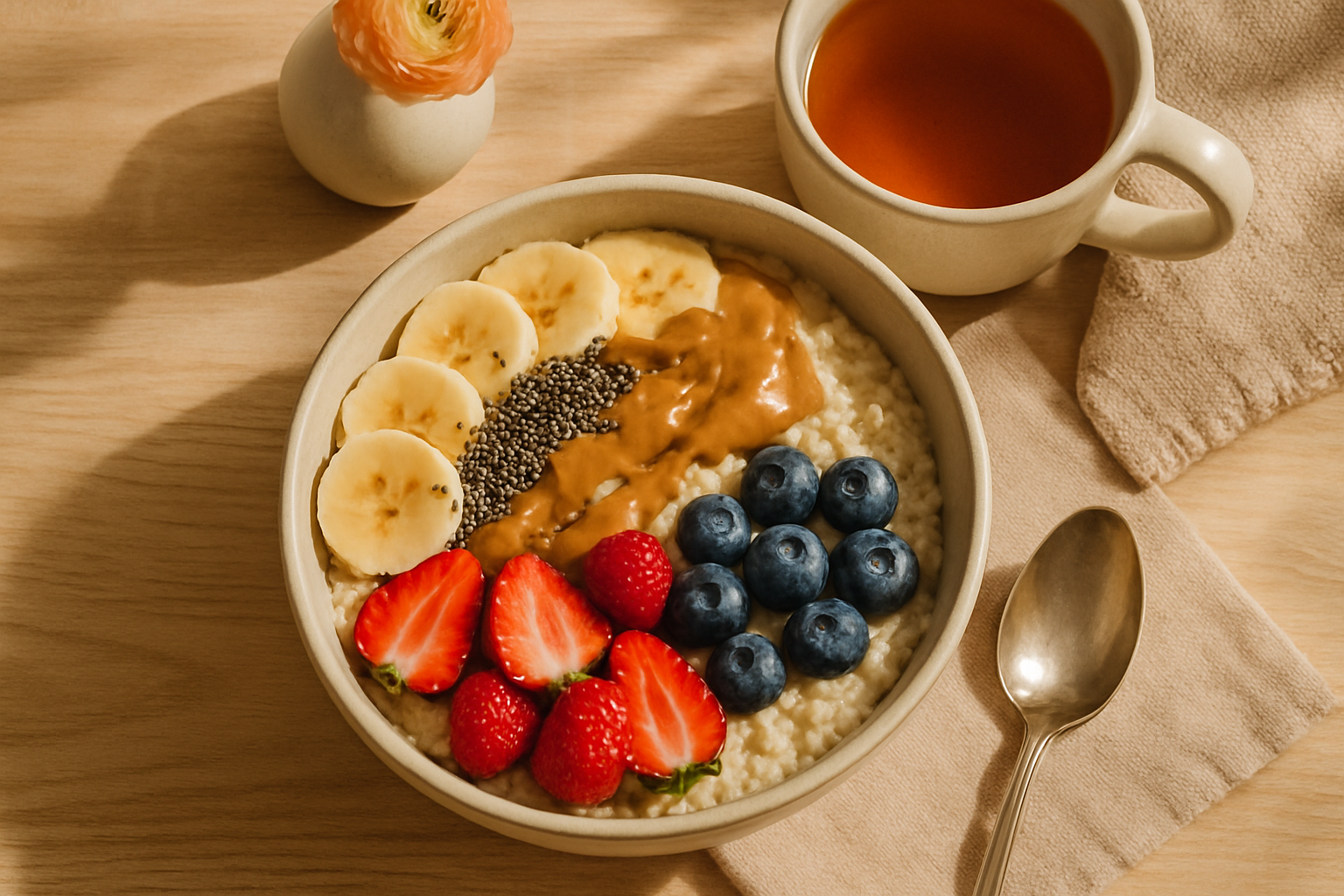 Square 1024x1024 image showing a beautifully styled breakfast bowl from above (flat lay). Oatmeal topped with banana slices, chia seeds, alm