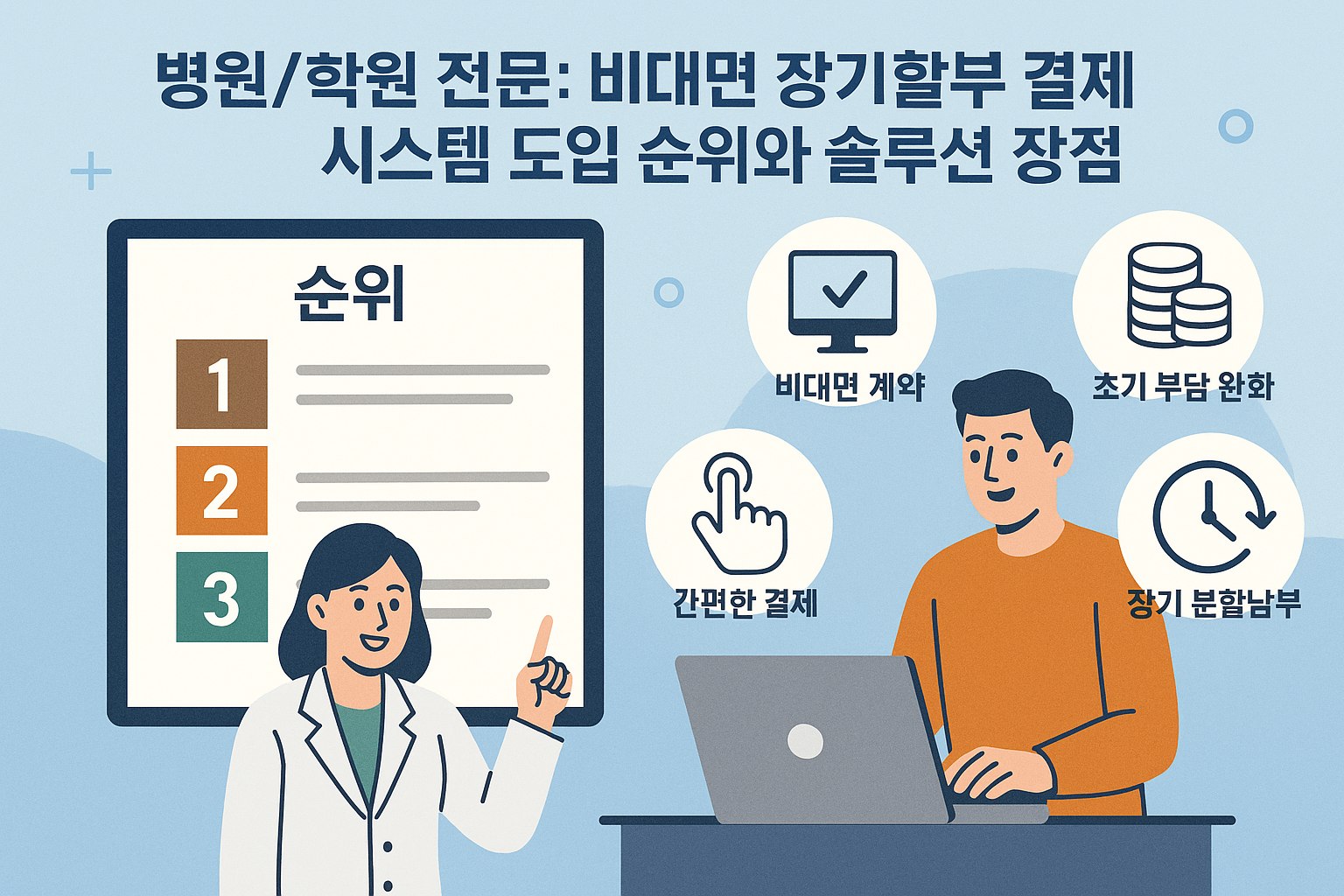 Illustration for: 병원/학원 전문: 비대면 장기할부 결제 시스템 도입 순위와 솔루션 장점