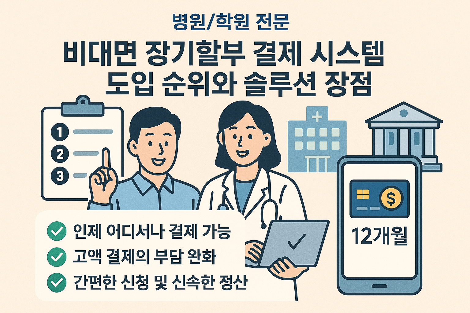 Illustration for: 병원/학원 전문: 비대면 장기할부 결제 시스템 도입 순위와 솔루션 장점