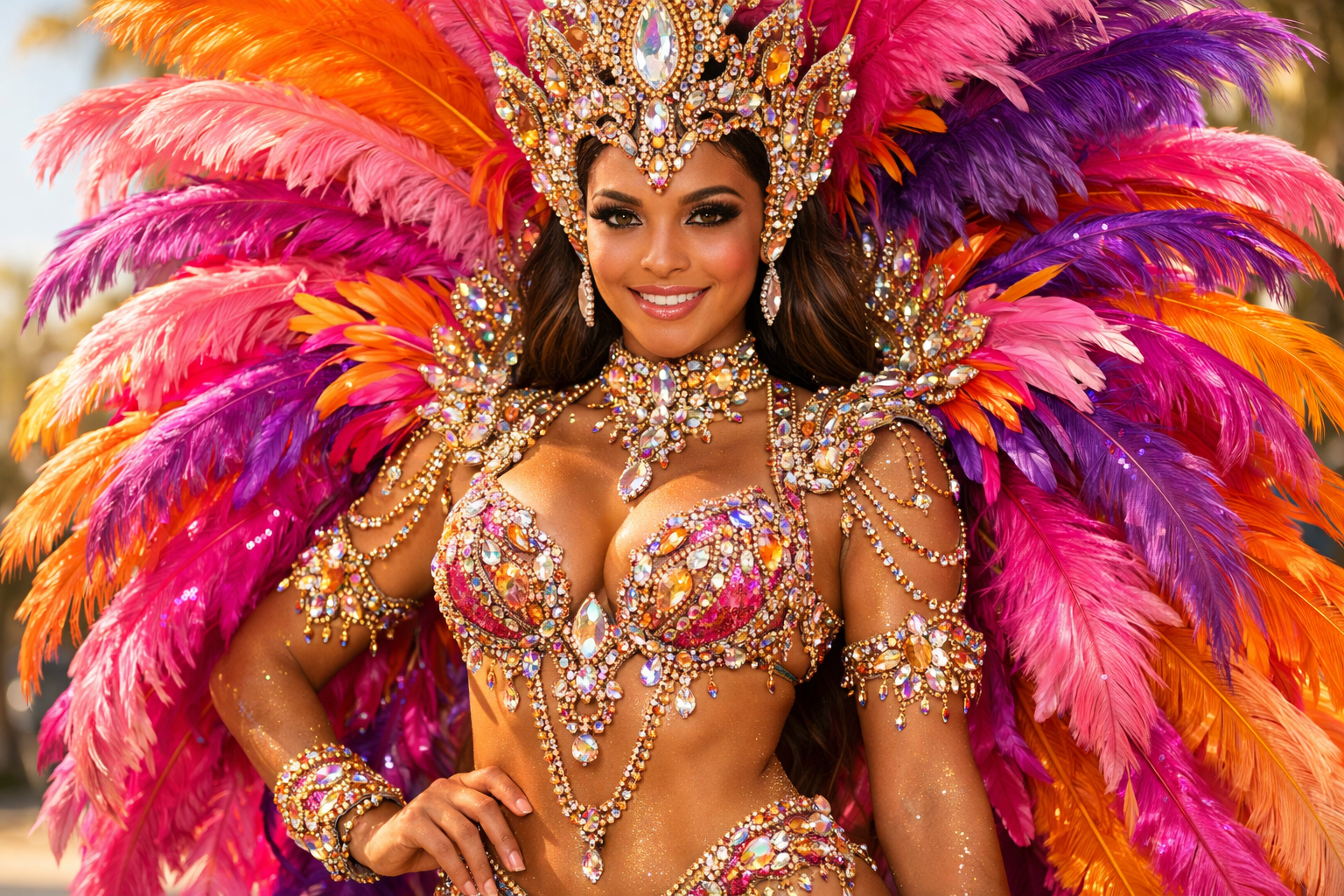 Create a 1024x1024 square image showing a stunning close-up of an elaborate LA Carnival costume. Feature a beautiful frontline costume with 