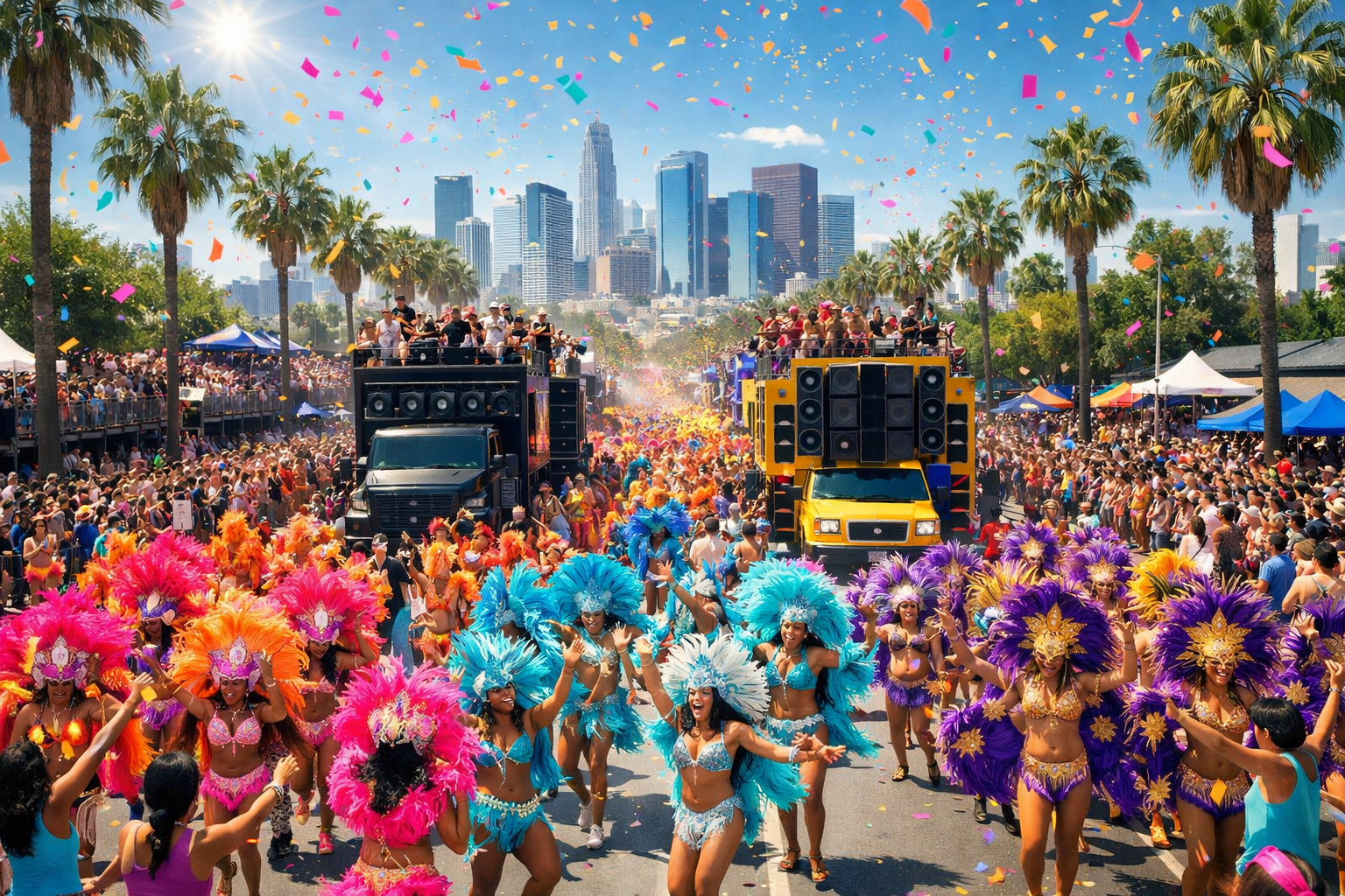 Create a 1024x1024 square image depicting the LA Carnival Parade of the Bands scene. Show a wide street view filled with thousands of colorf