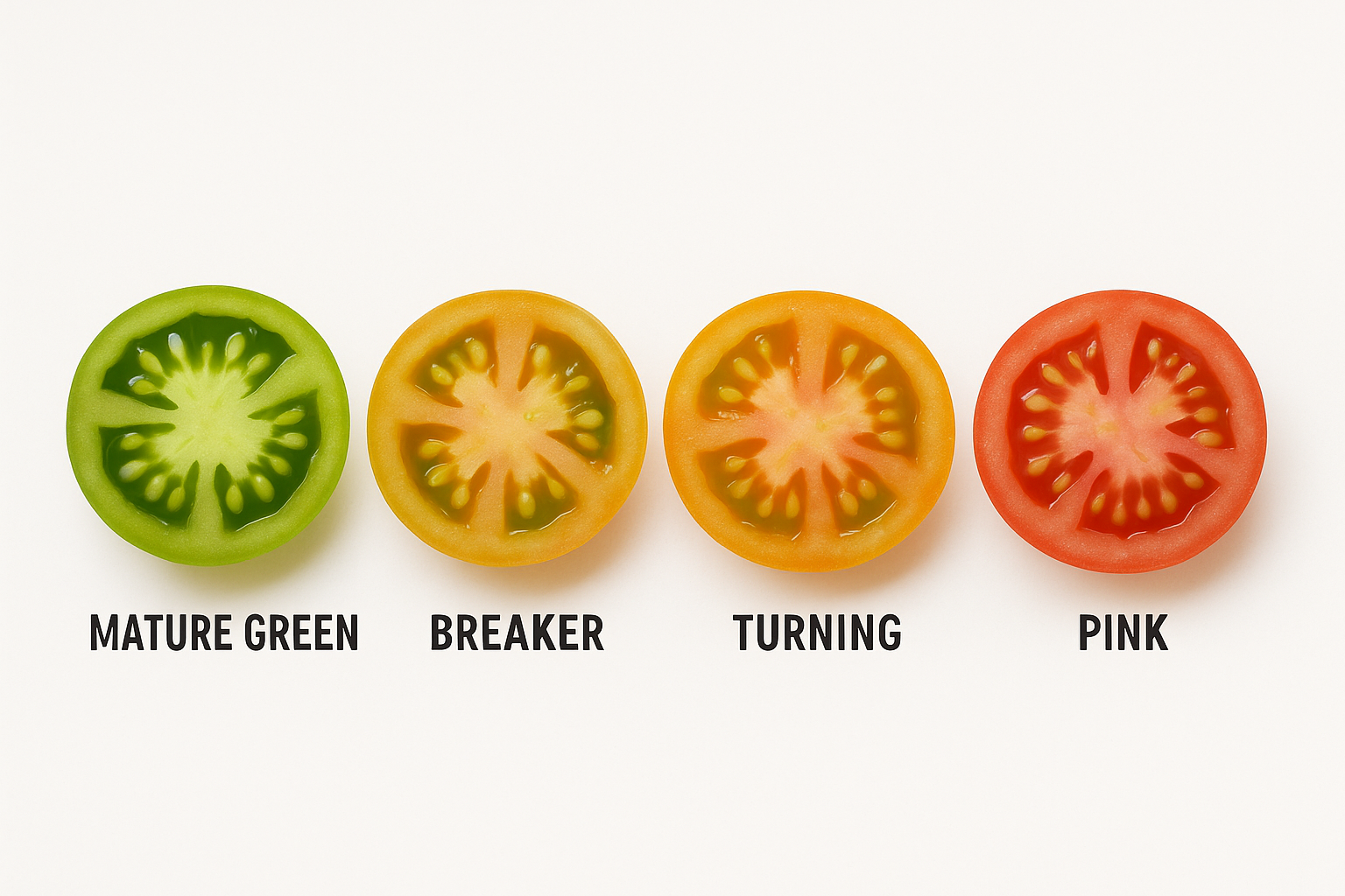 1024x1024 square image showing a cross-section comparison of green tomatoes at different ripeness stages - mature green, breaker, turning, a