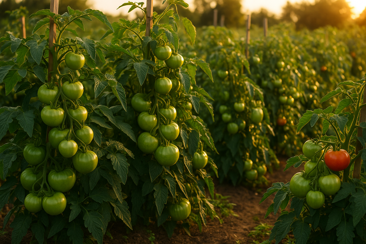1536x1024 landscape image showing a thriving tomato garden in late season with healthy plants heavy with green tomatoes, some showing signs
