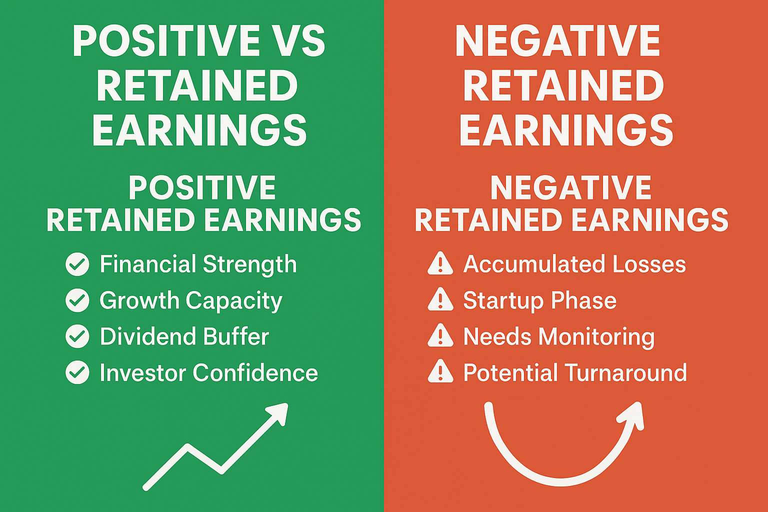 A 1536x1024 landscape comparison chart titled "Positive vs Negative Retained Earnings". Split the image vertically down the middle. Left sid