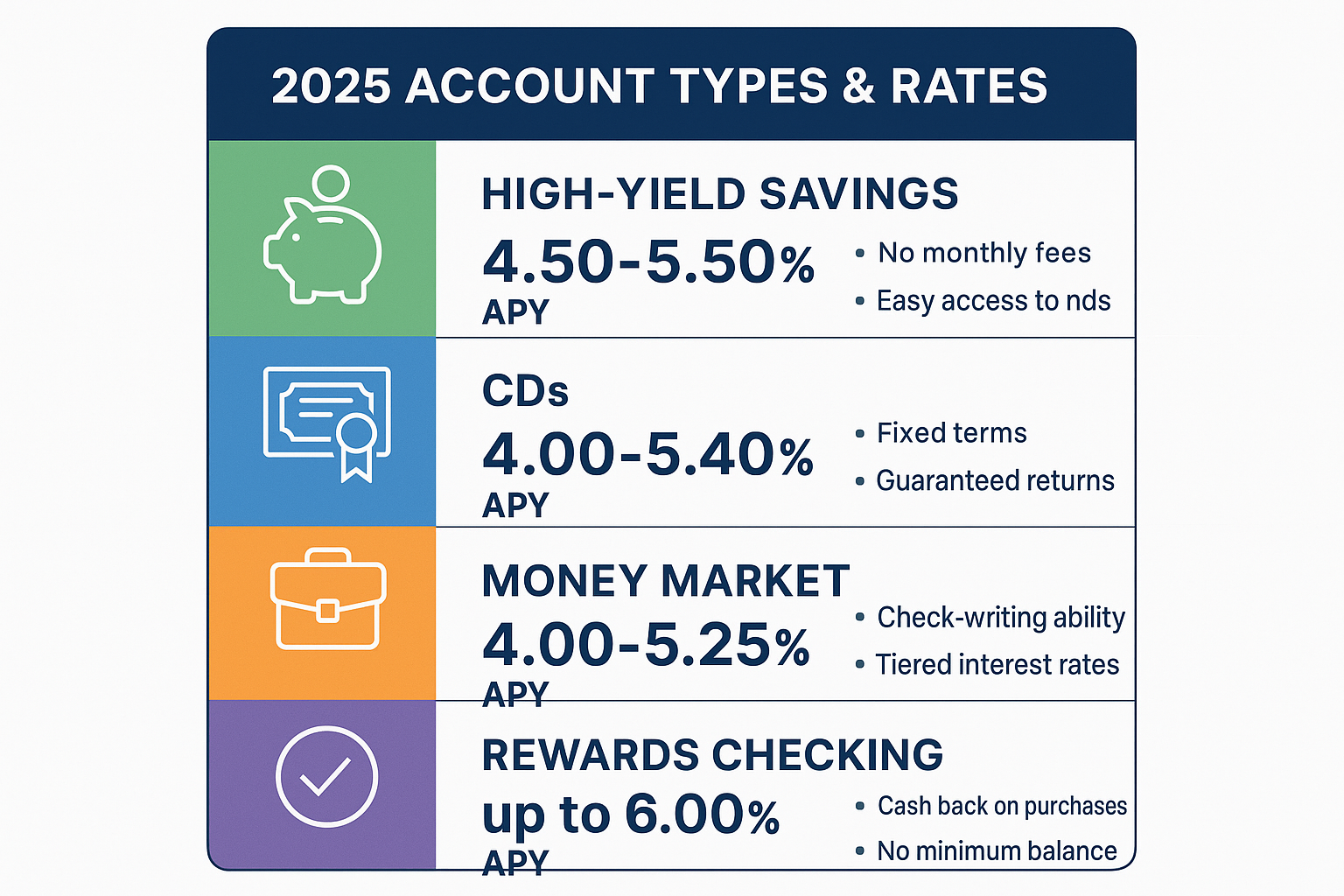 Create a 1024x1024 square comparison chart titled "2025 Account Types & Rates" with a clean, modern design. Use a white background with colo