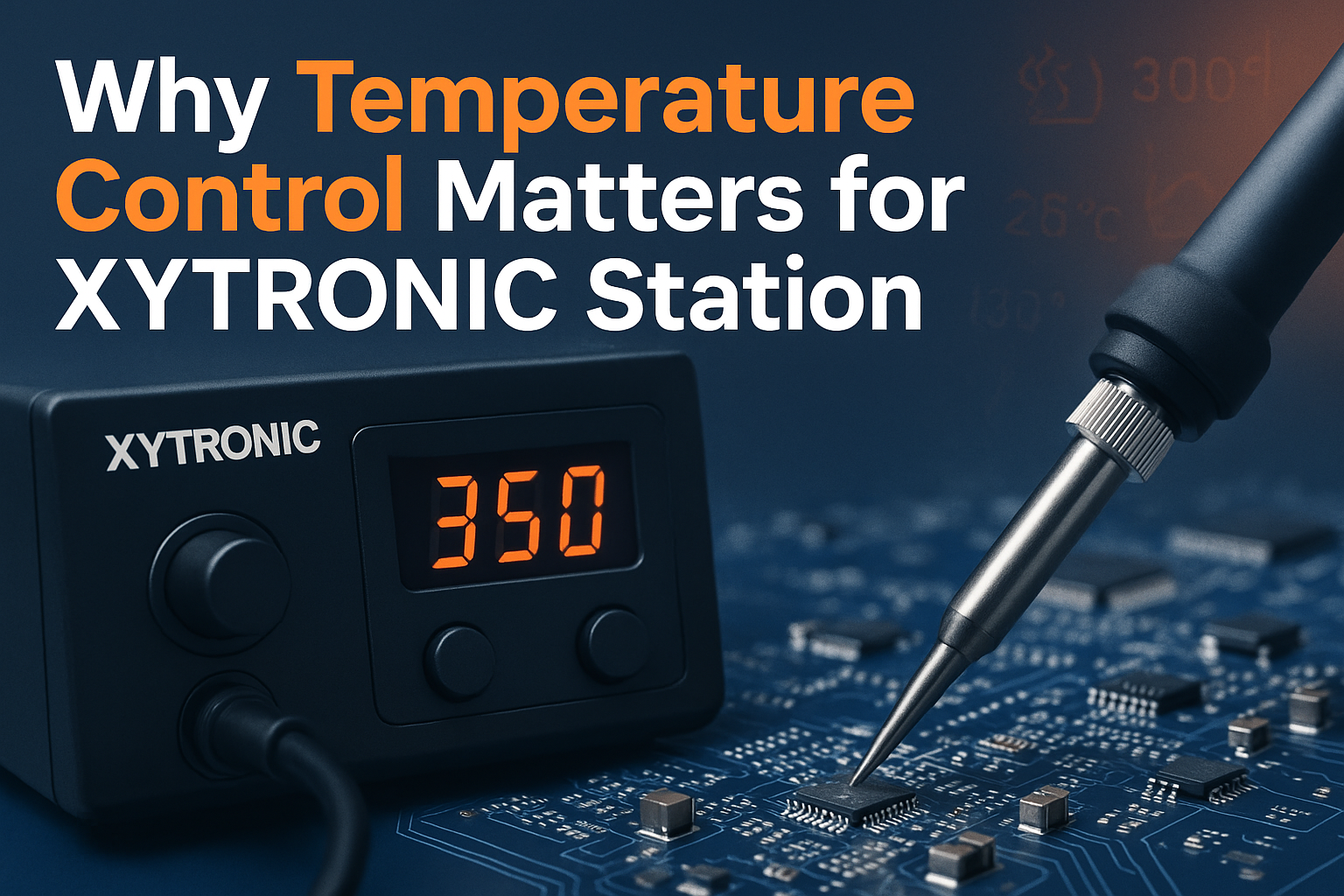 Create a professional cover image in 1536x1024 landscape format showing a close-up of a XYTRONIC soldering station with its digital temperat