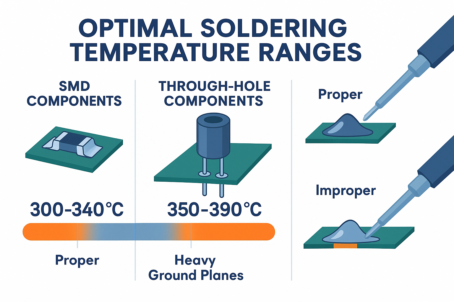 Create a detailed infographic in 1536x1024 landscape format showing optimal temperature ranges for different soldering applications. Include